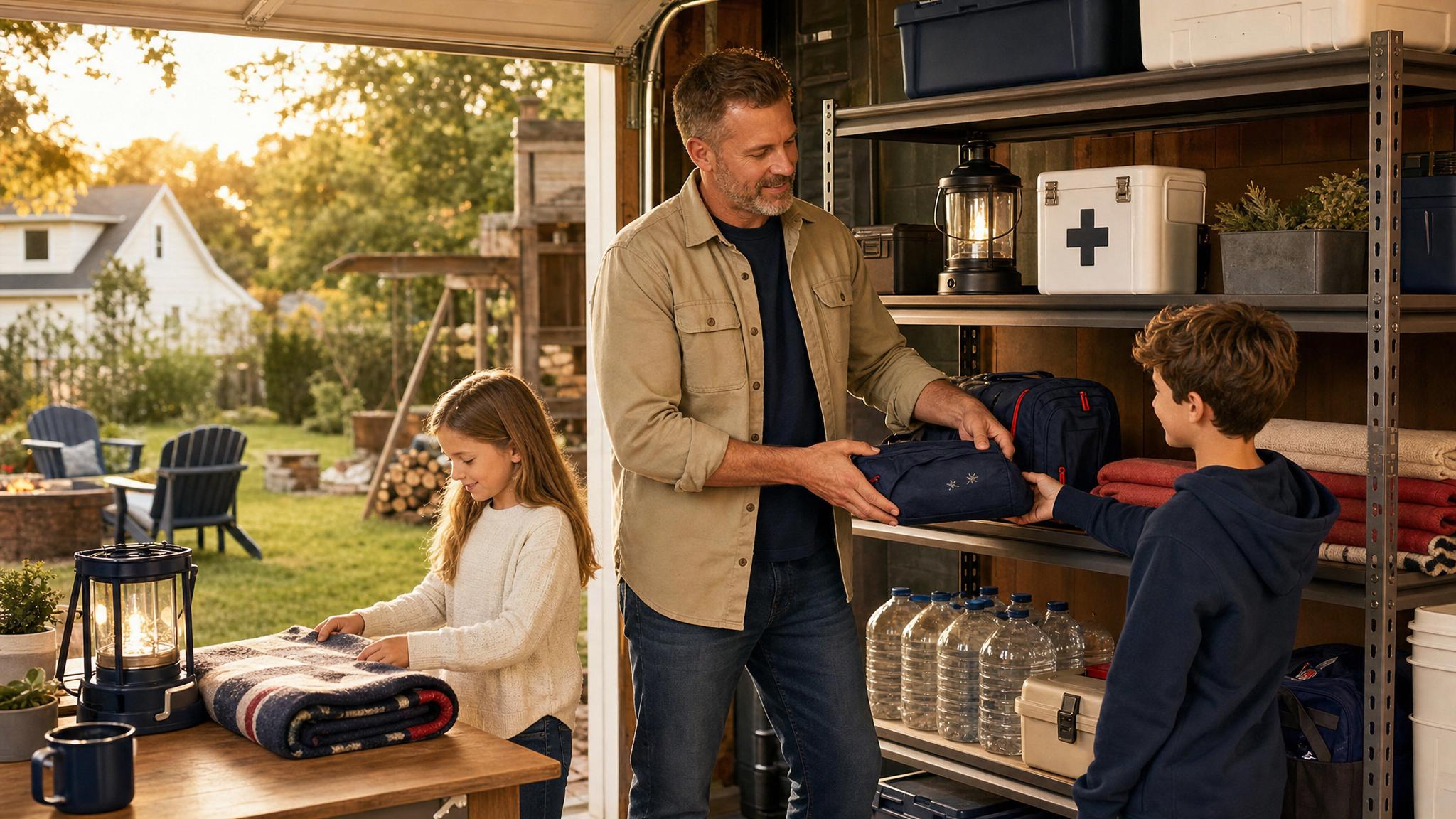 Suburban family organizing a readiness shelf together